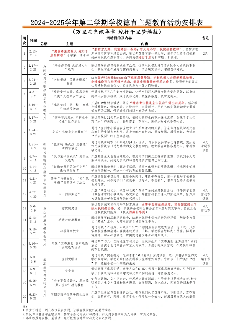 2024-2025下学期德育主题教育活动安排表-教务文库