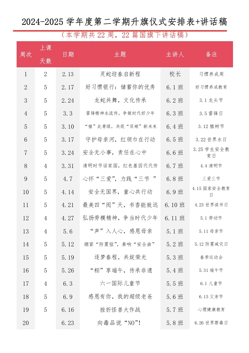 2024-2025学年度第二学期升旗仪式安排表-教务文库