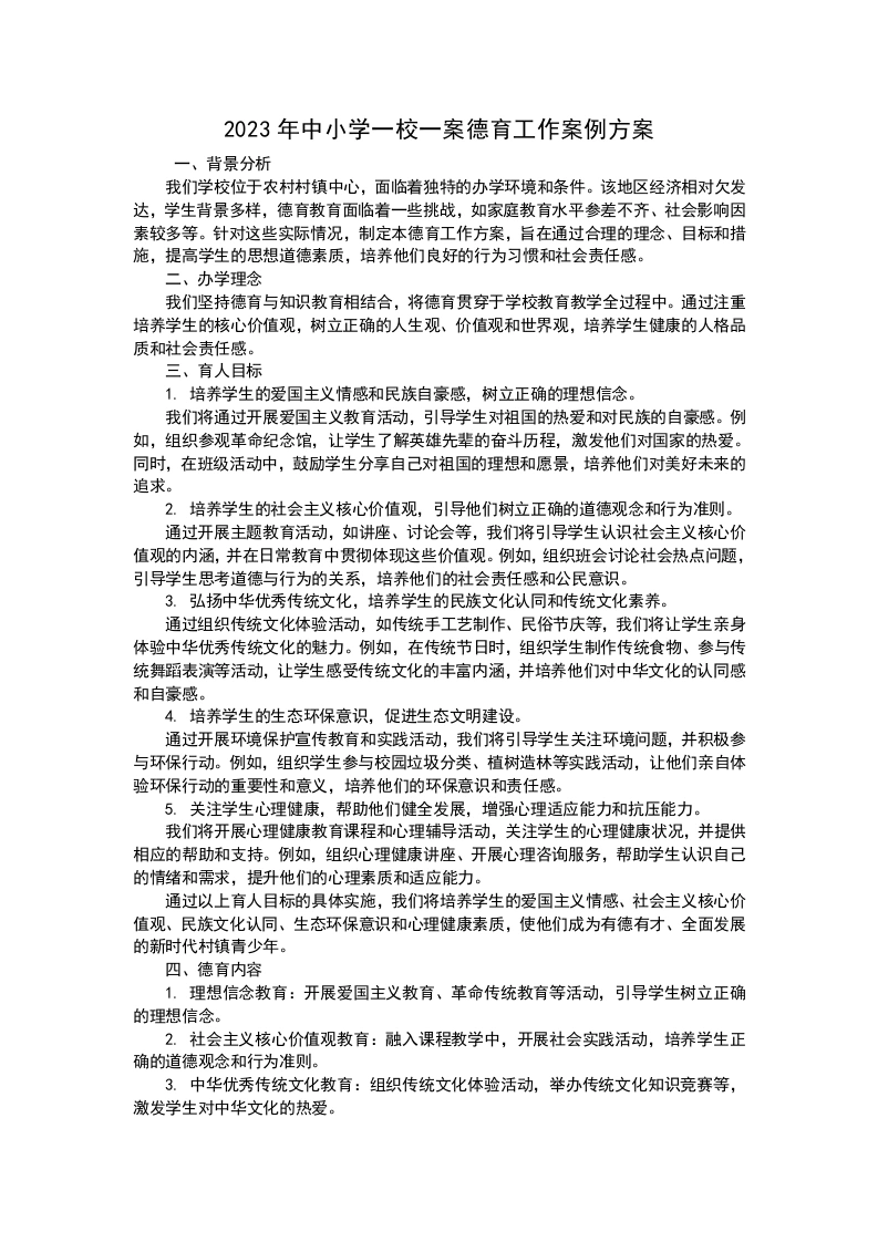 2024年中小学一校一案德育工作案例方案-教务文库