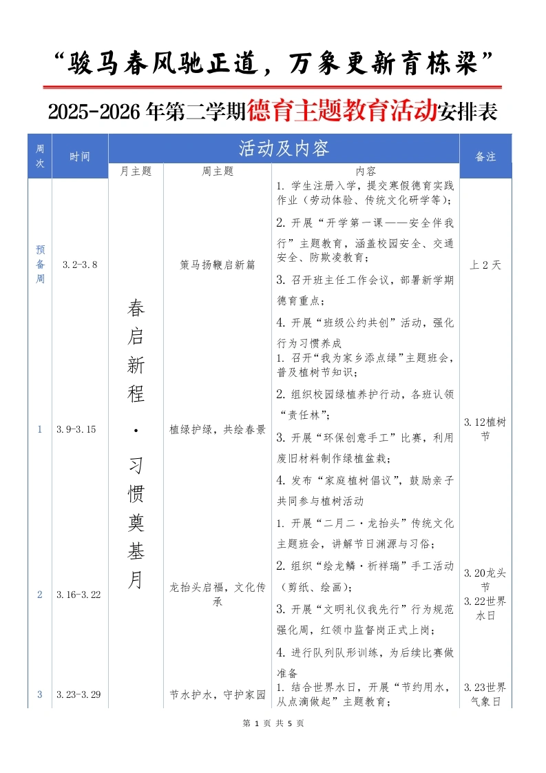 2025-2026年第二学期德育主题教育活动安排表（一）：骏马春风驰正道，万象更新育栋梁