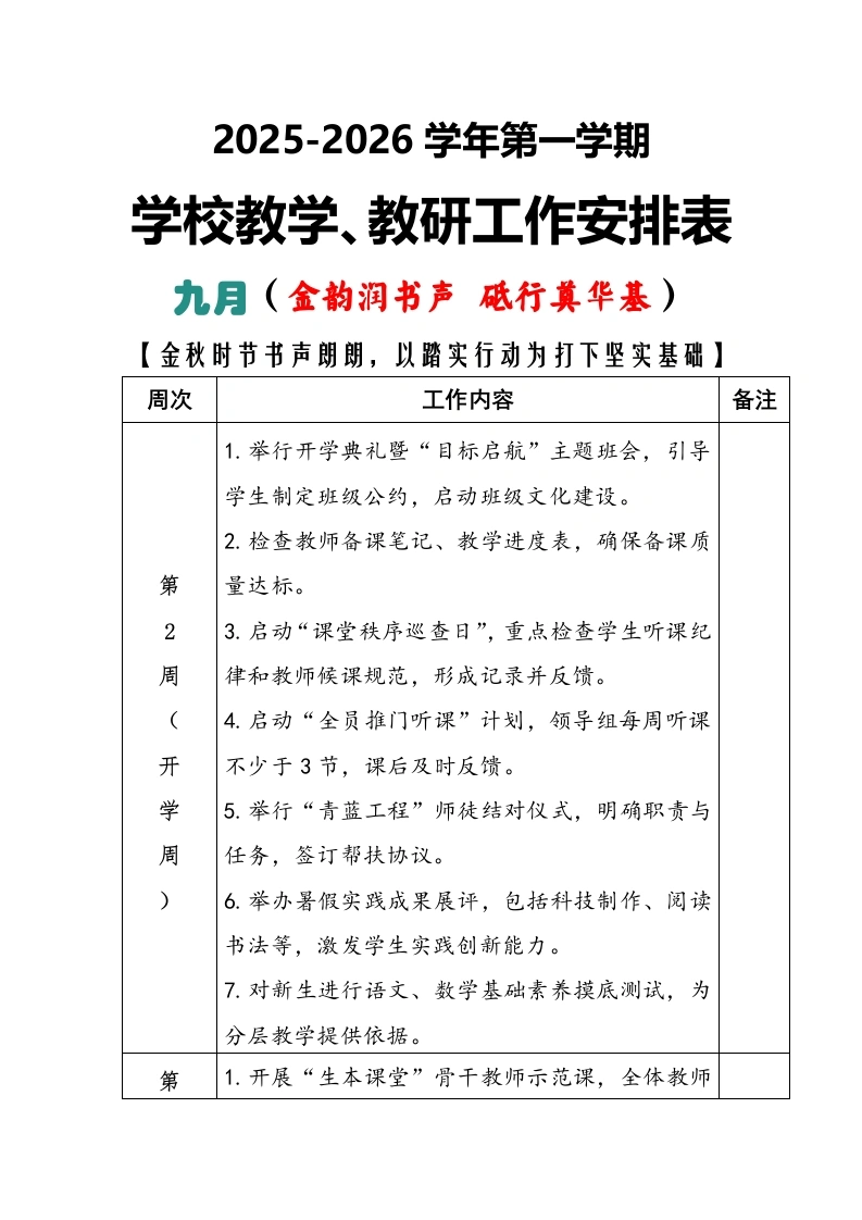 2025-2026秋季学年第一学期学校教学教研工作安排表：九月（金韵润书声砥行奠华基）-教务文库