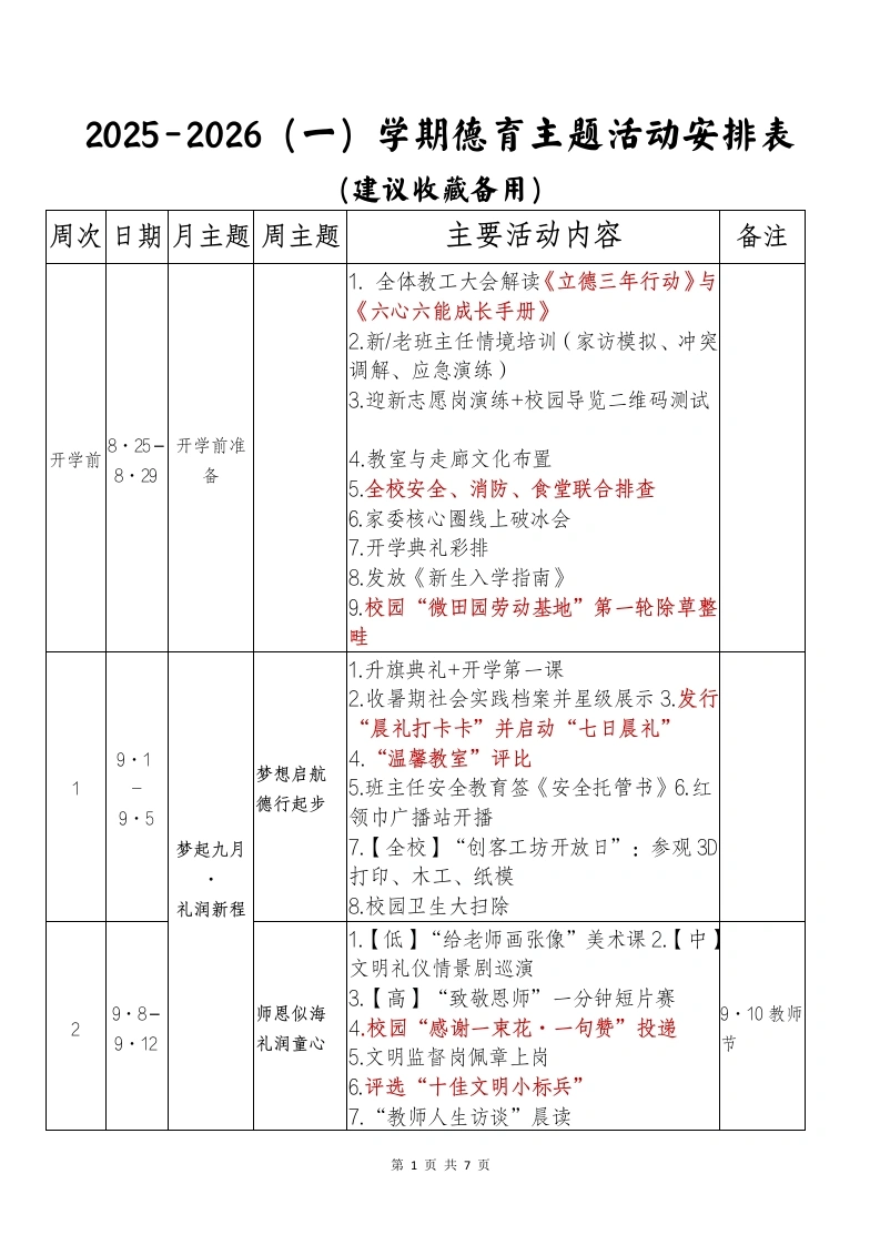 2025-2026（一）秋季第一学期德育活动安排表-教务文库
