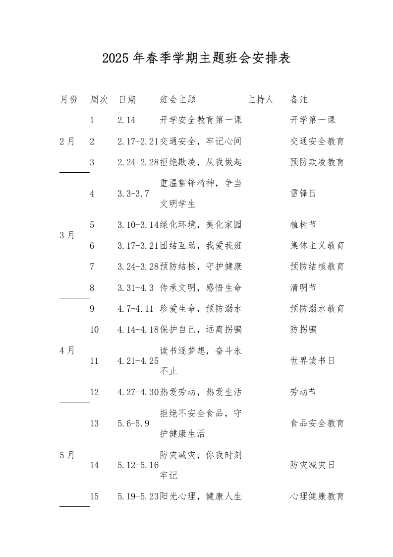 2025年春季学期主题班会安排表
