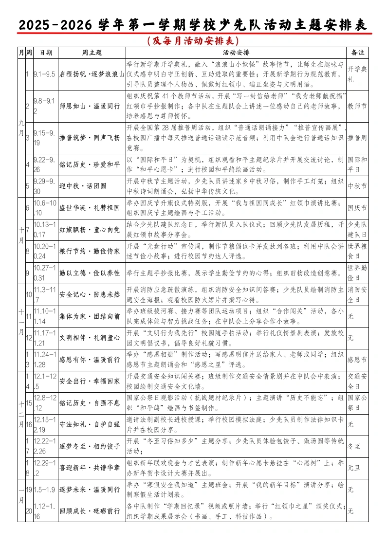 2025年秋季学期少先队活动安排表2-教务文库