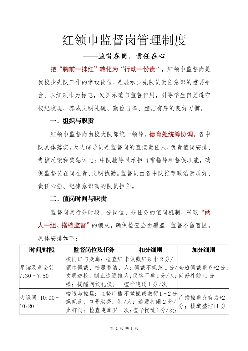 2025年秋季学期红领巾监督岗管理制度：监督在岗，责任在心-教务文库