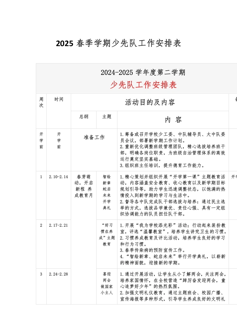 2025春季学期少先队工作安排表-教务文库