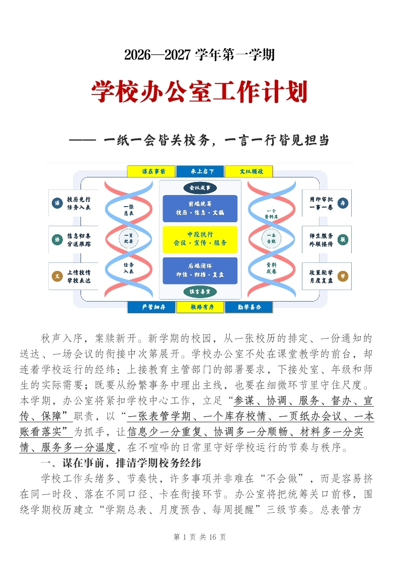 2026-2027学年第一学期学校办公室工作计划——一纸一会皆关校务，一言一行皆见担当