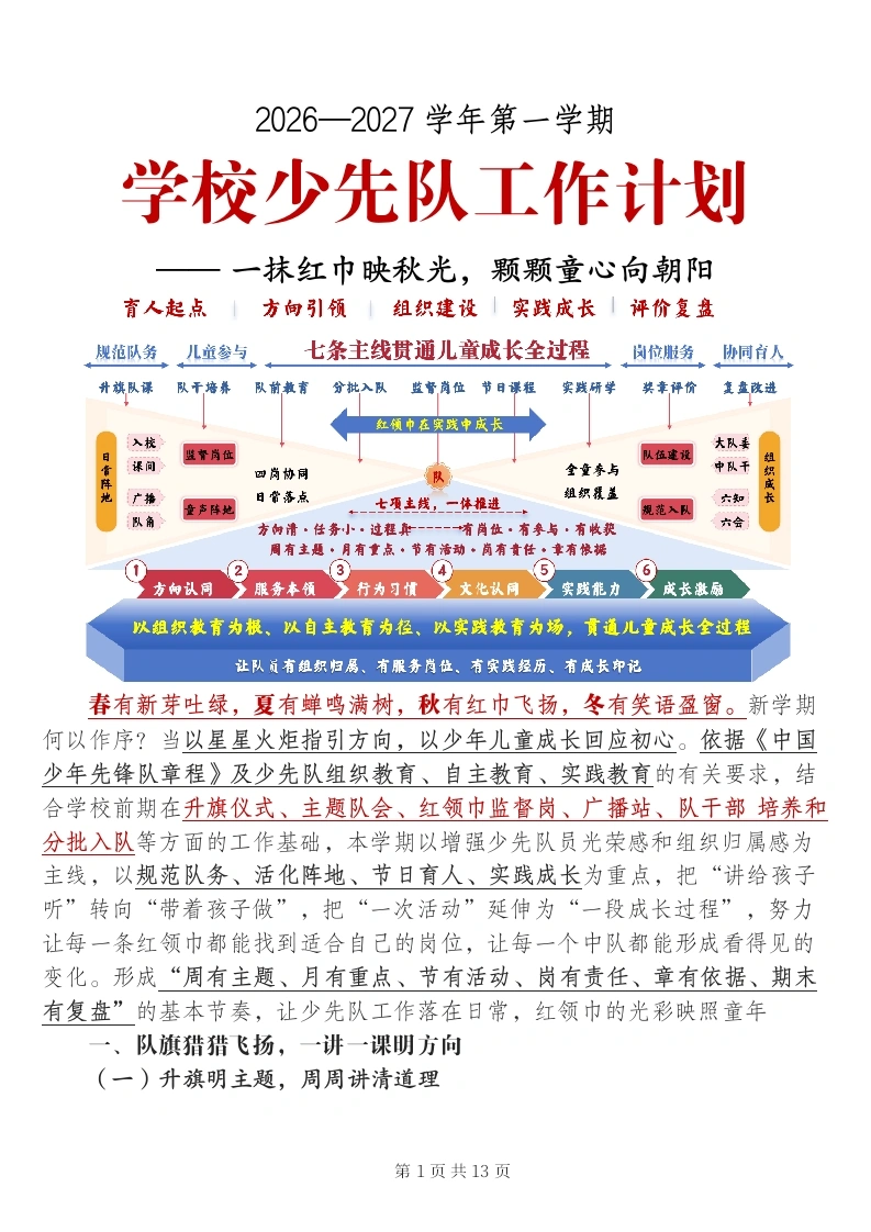 2026—2027学年第一学期学校少先队工作计划——一抹红巾映秋光，颗颗童心向朝阳-教务文库