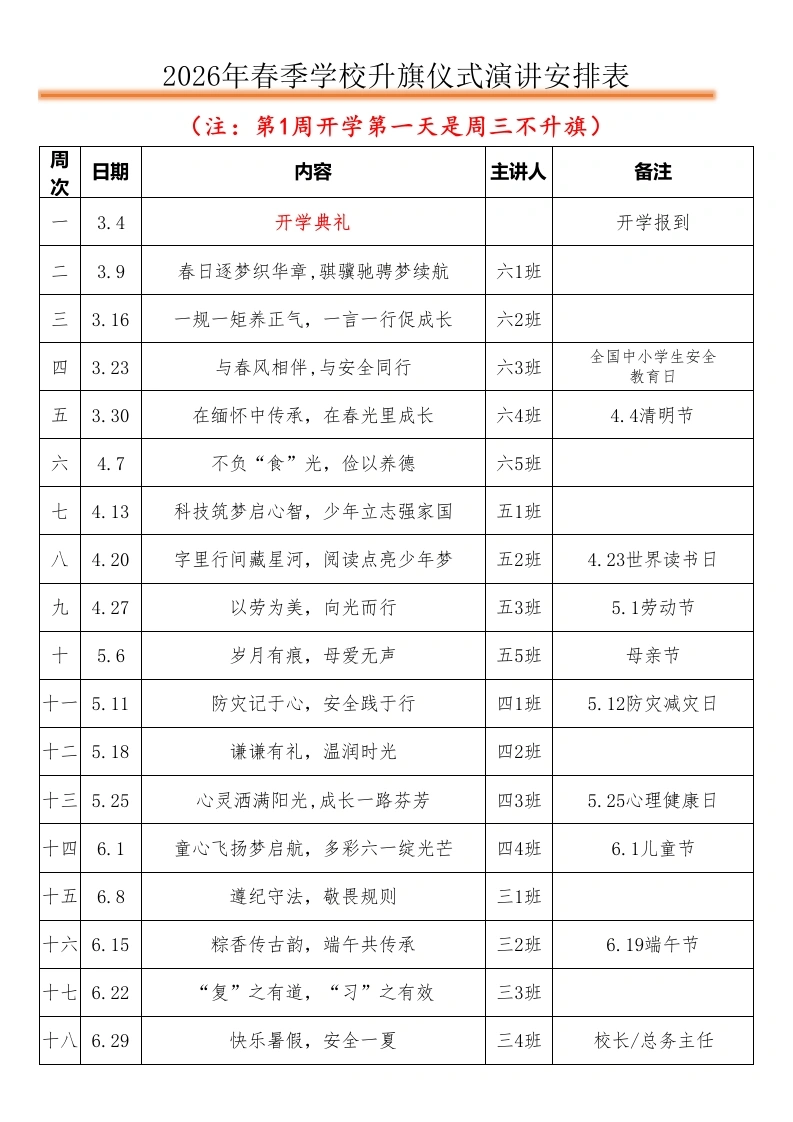 2026年春季升旗仪式安排表(18周)-教务文库
