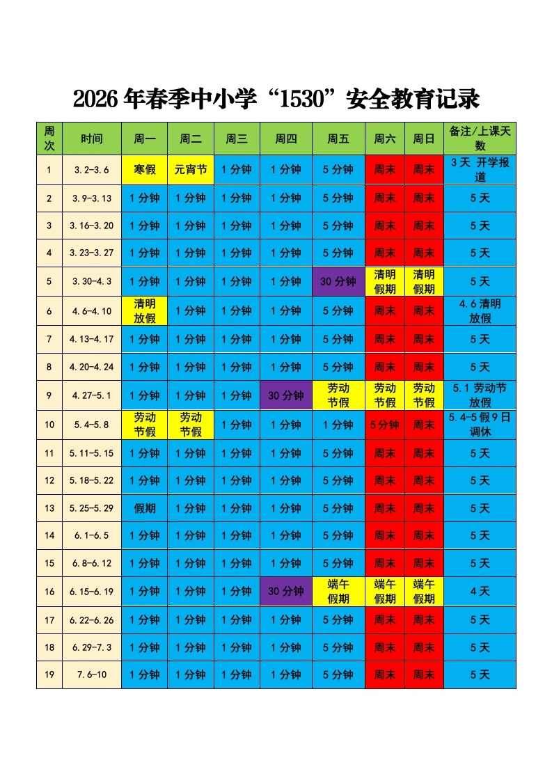 2026年春季学期中小学1530安全教育记录（第一版）-教务文库