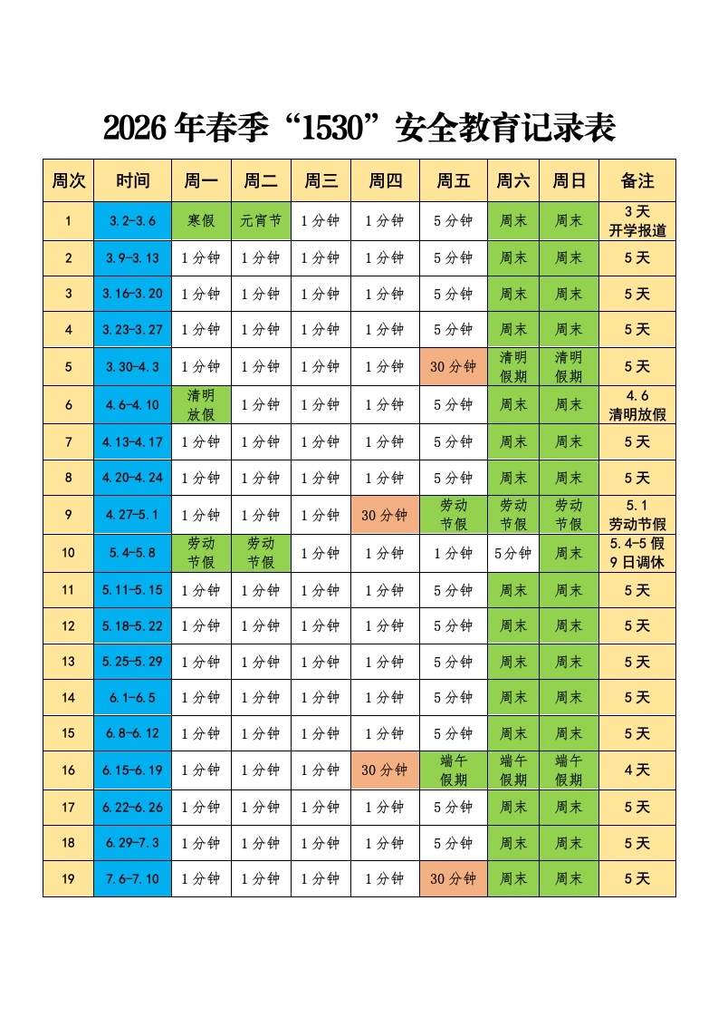 2026年春季学期中小学1530安全教育记录（第二版）-教务文库