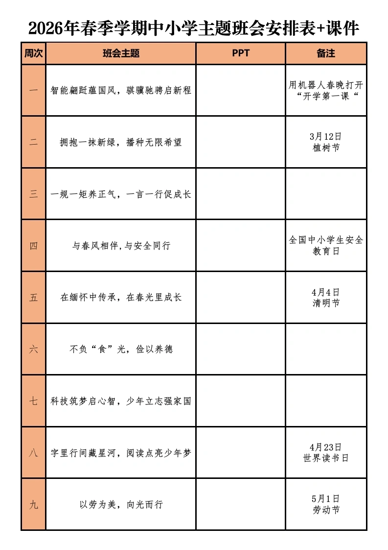 2026年春季学期主题班会教安排表(18周)