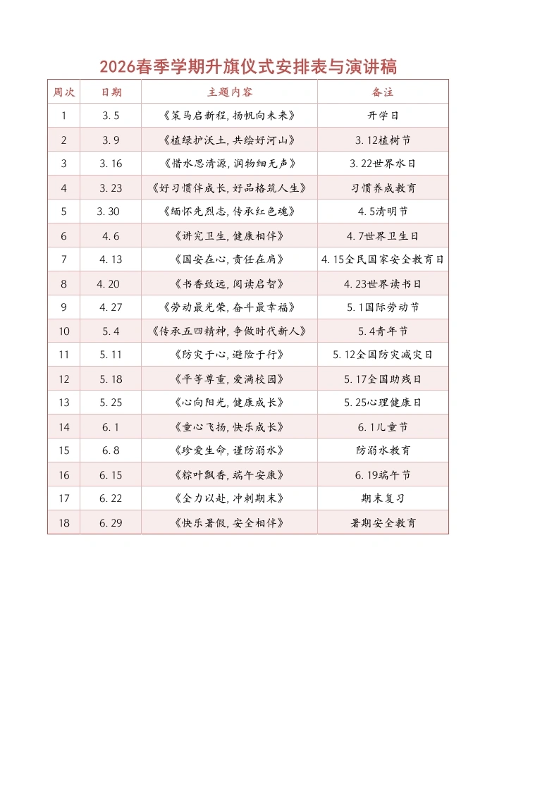 2026年春季学期升旗仪式安排表18周-教务文库