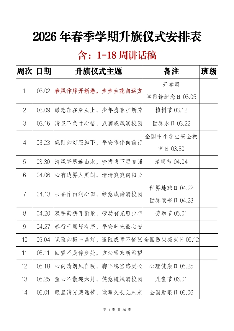 2026年春季学期升旗仪式安排表及讲话稿(18周)：春风作序开新卷，步步生花向远方-教务文库