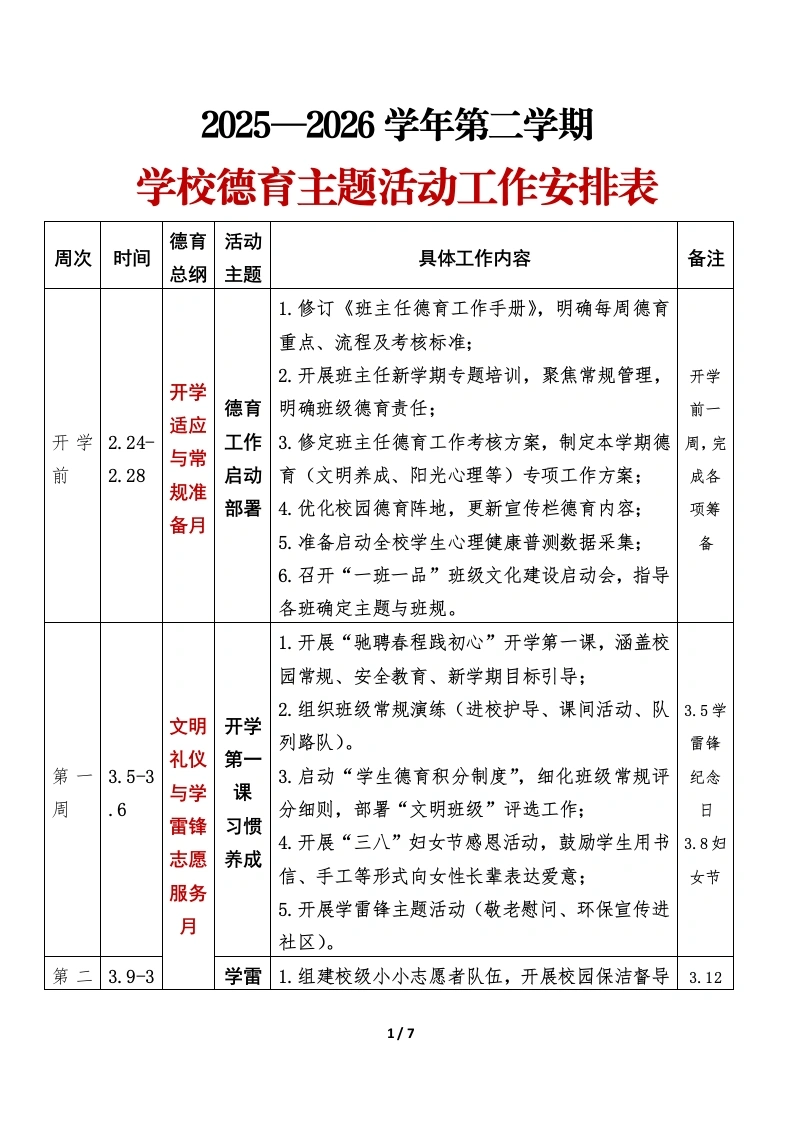 2026年春季第二学期学校德育主题活动工作安排表-教务文库