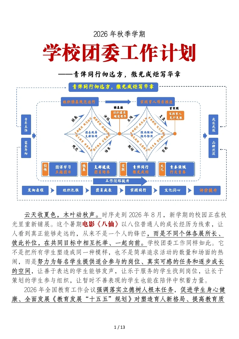 2026年秋季学期学校团委工作计划——青伴同行向远方，微光成炬写华章-教务文库