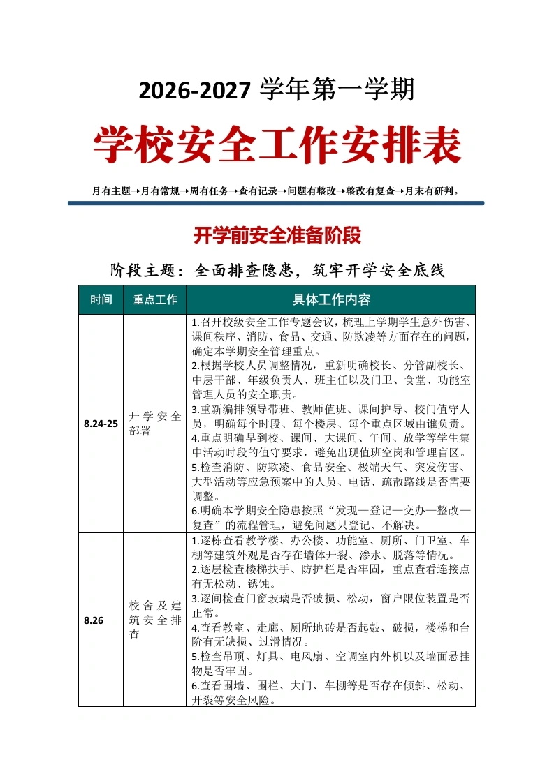 2026年秋季学期学校安全工作表-教务文库