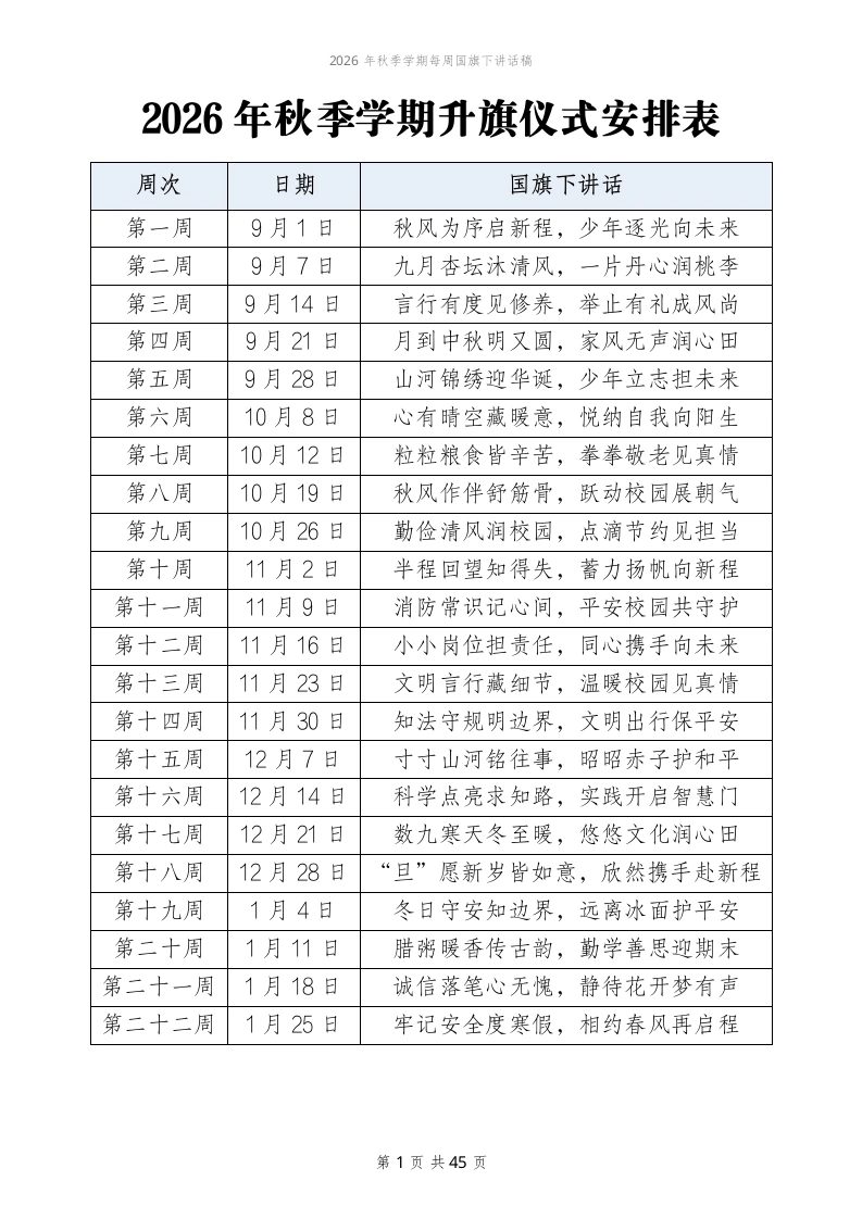 2026年秋季学期每周国旗下讲话稿（22周完整版）