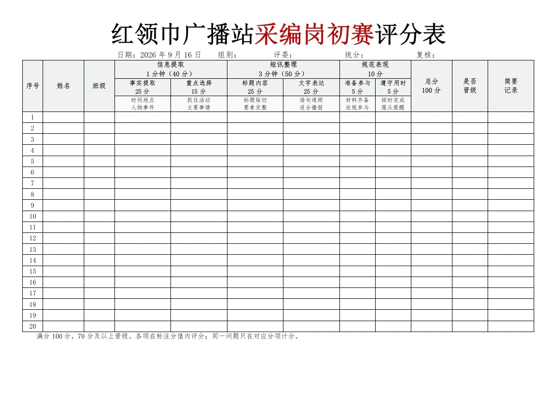 2026年红领巾广播站采编岗初赛评分表docx-教务文库