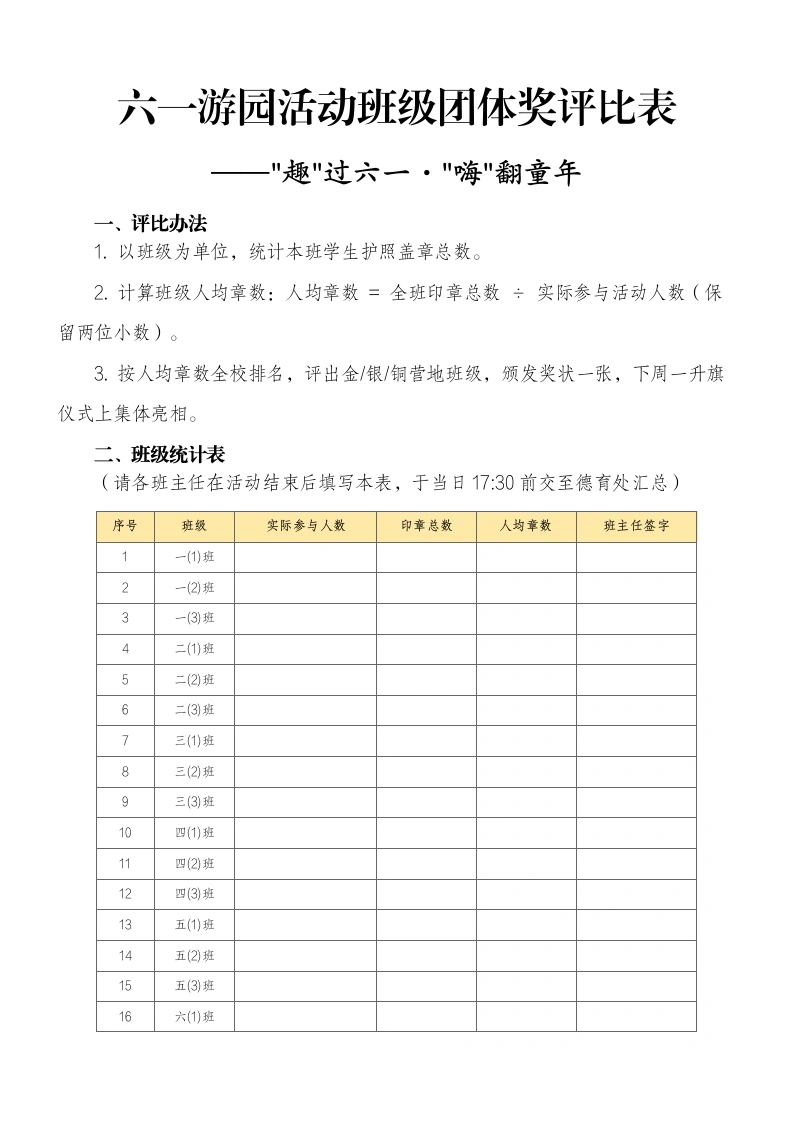2026班级团体奖评比表——趣过六一·嗨翻童年-教务文库