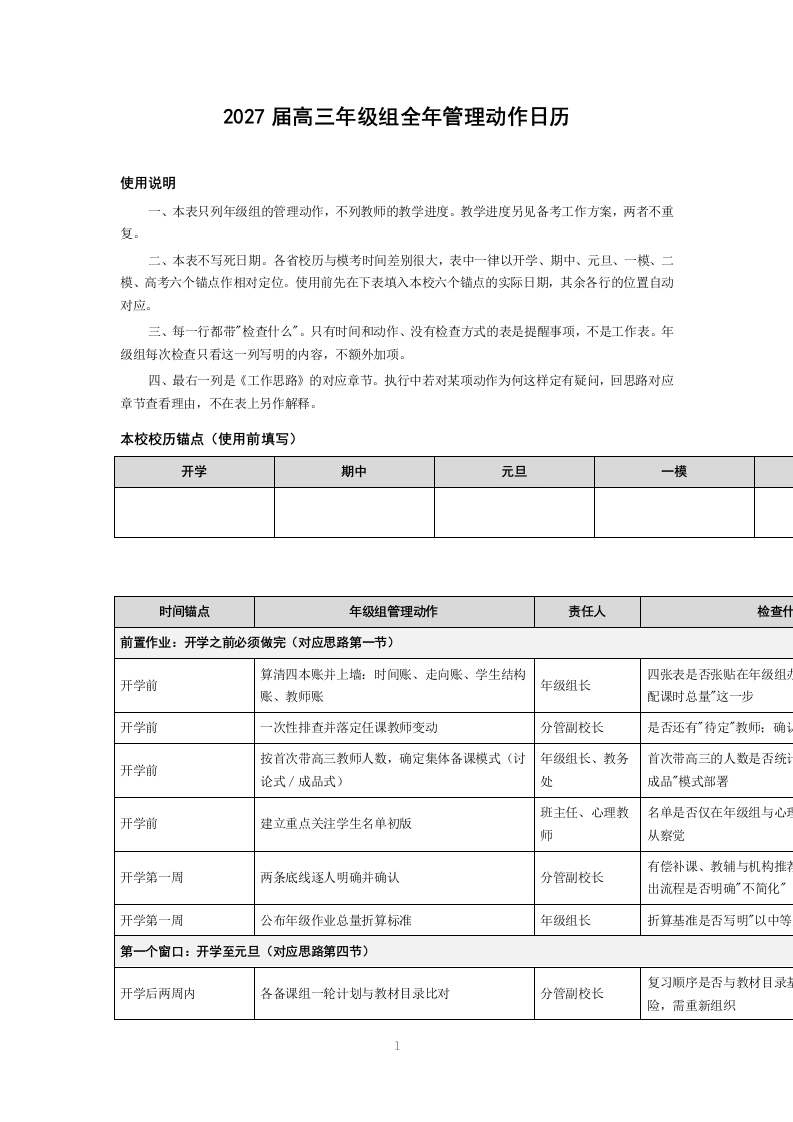 2027届高三年级组全年管理动作日历-教务文库