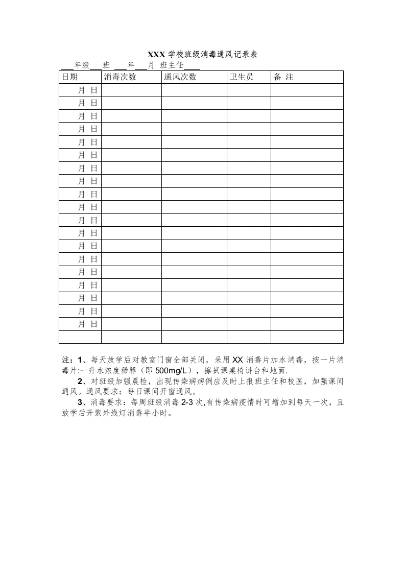 XXX学校班级消毒通风记录表-教务文库