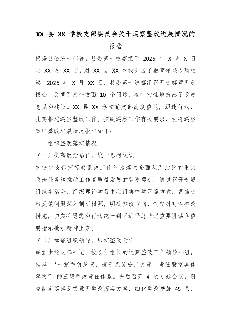 XX县XX学校支部委员会关于巡察整改进展情况的报告-教务文库