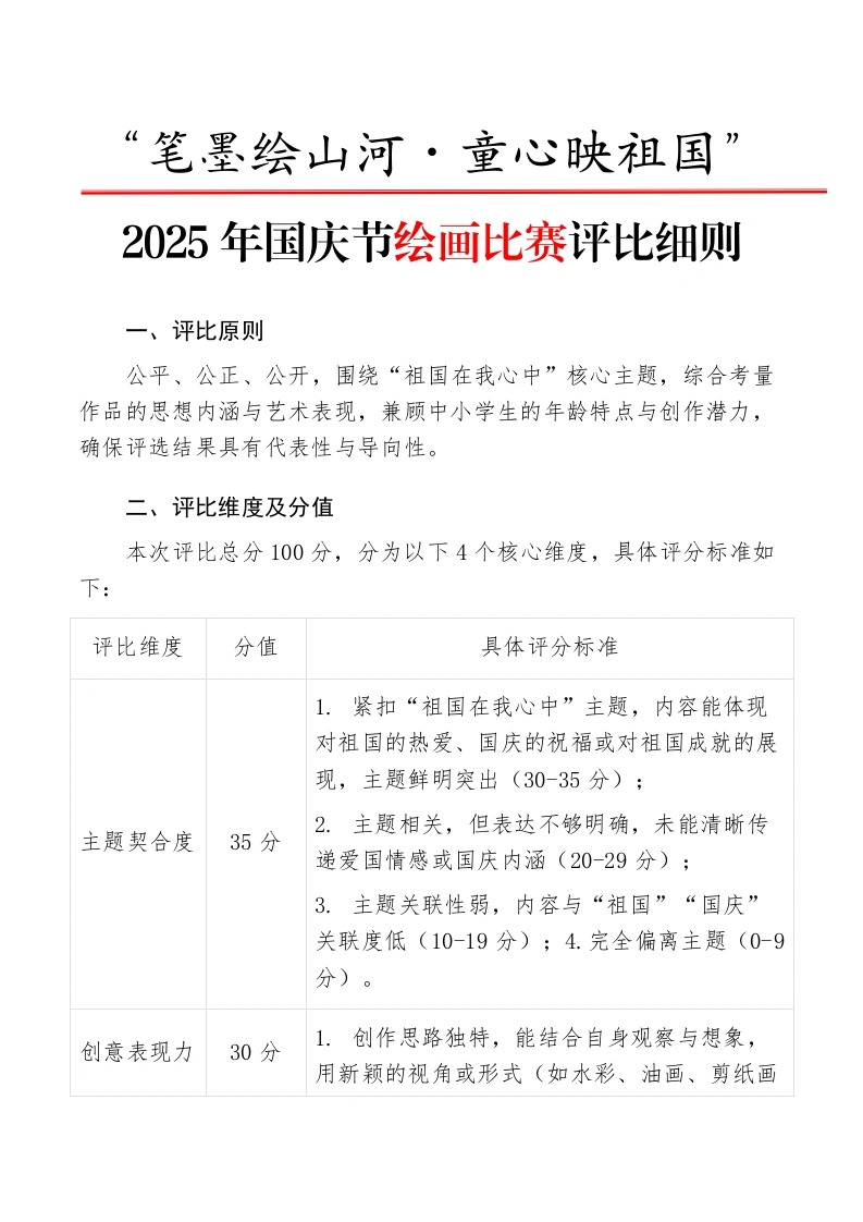 “笔墨绘山河・童心映祖国”——2025年国庆节绘画比赛评比细则