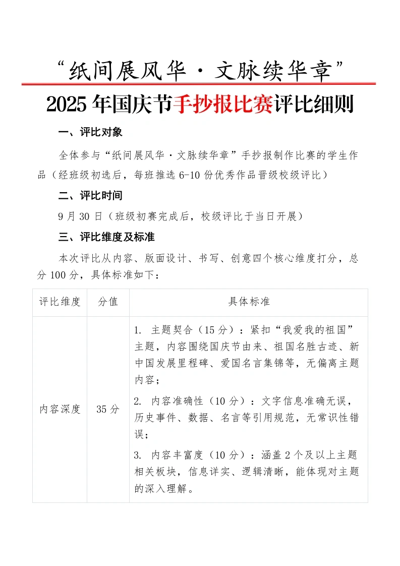 “纸间展风华・文脉续华章”——2025年国庆节手抄报比赛评比细则-教务文库