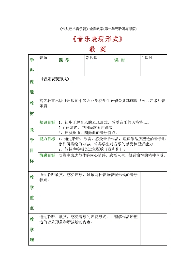 《公共艺术音乐篇》全套教案(第一单元聆听与感悟)