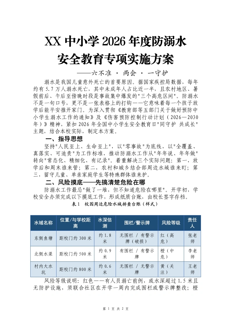 中小学2026年防溺水安全教育专项实施方案：六不准·两会·一守护-教务文库