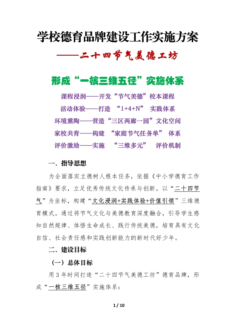 二十四节气美德工坊——学校德育品牌建设工作实施方案-教务文库