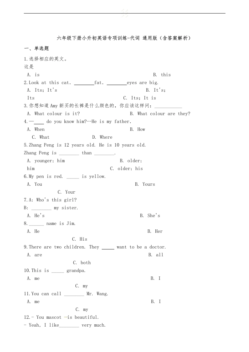 六年级下册英语试题-小升初英语专项训练代词通用版（含答案解析）