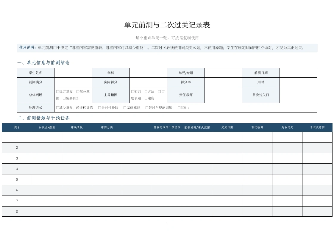 单元前测与二次过关记录表-教务文库