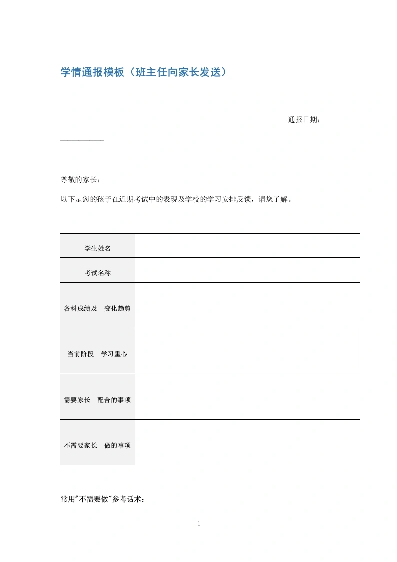 学情通报模板（班主任向家长发送）-教务文库