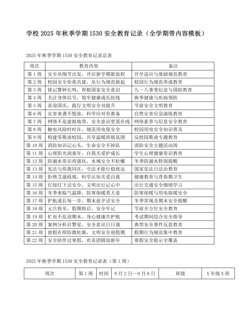 学校2025年秋季学期1530安全教育记录（全学期带内容模板）-教务文库