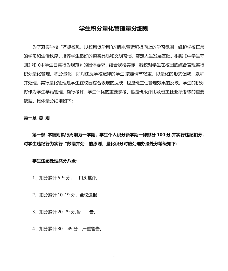 学生积分量化管理量分细则