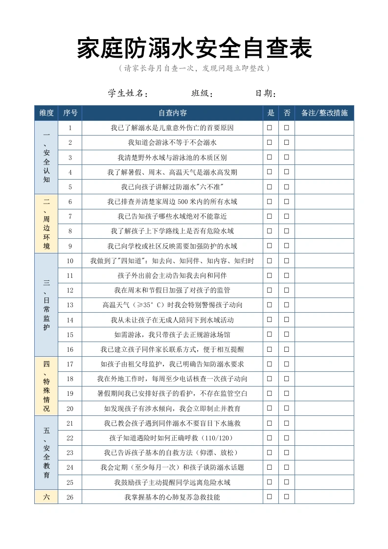 家庭防溺水安全自查表-教务文库