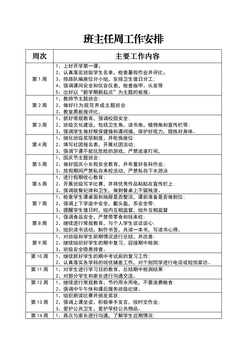 班主任周工作安排-教务文库