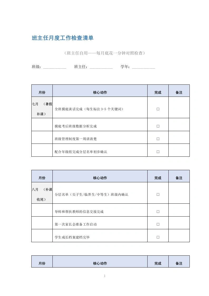 班主任月度工作检查清单-教务文库