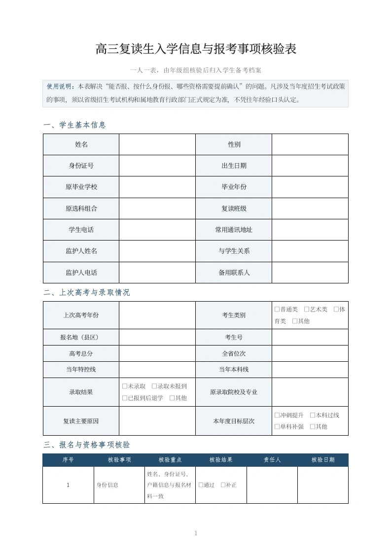 高三复读生入学信息与报考事项核验表-教务文库