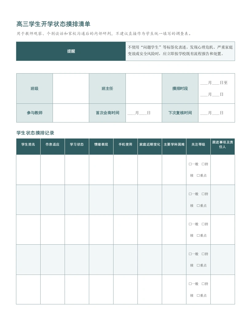 高三学生开学状态摸排清单-教务文库