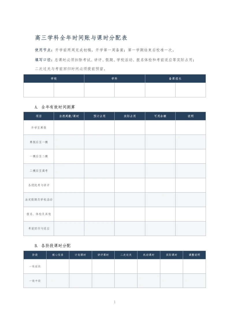 高三学科全年时间账与课时分配表-教务文库
