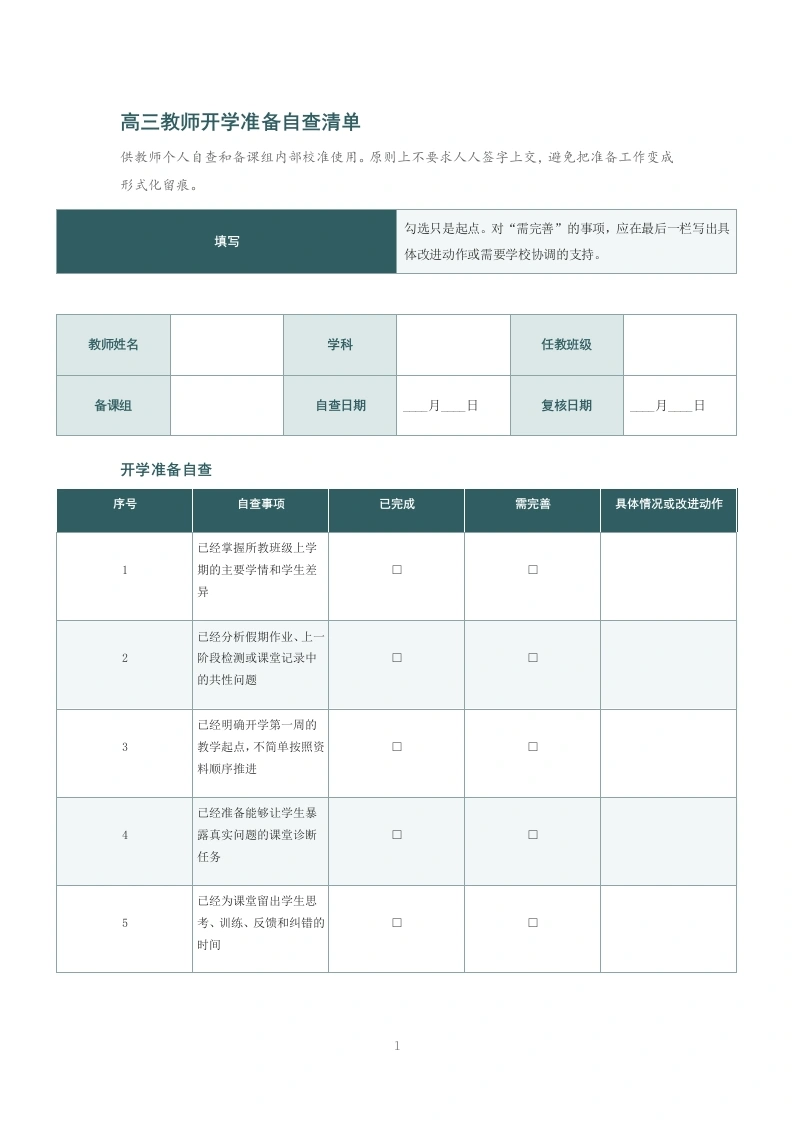 高三教师开学准备自查清单-教务文库