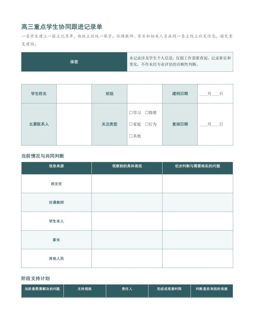高三重点学生协同跟进记录单-教务文库